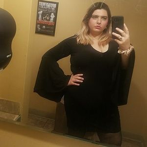 F21+ Plunging Neck Black Mini Dress Bell Sleeves